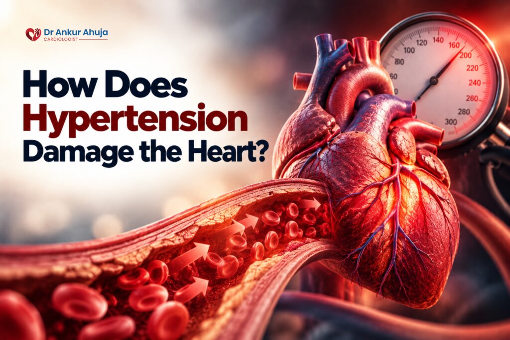 Medical illustration of the human heart, narrowed blood vessel with red blood cells, and a blood pressure monitor showing how hypertension can damage the heart.