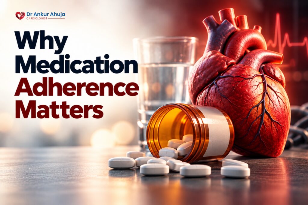 An anatomical illustration of the human heart beside a prescription medicine bottle, tablets, and a glass of water, highlighting the importance of taking medication as prescribed.