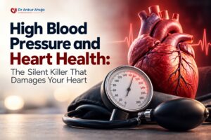 Medical illustration of a human heart alongside a blood pressure monitor, highlighting the connection between high blood pressure and heart health.